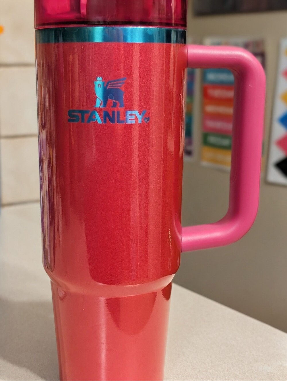 Stanley Red Pink Travel Tumbler with Handle